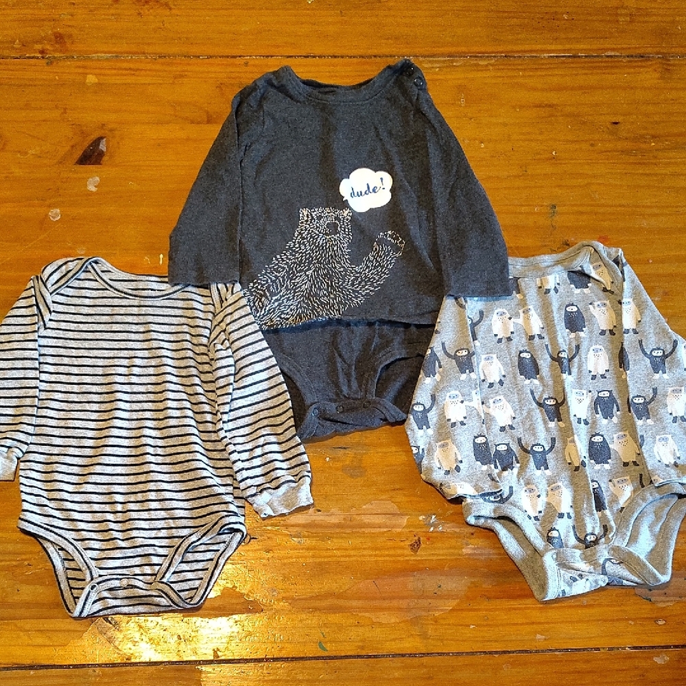 Set of Three Baby Bodysuits in Gray and Blue